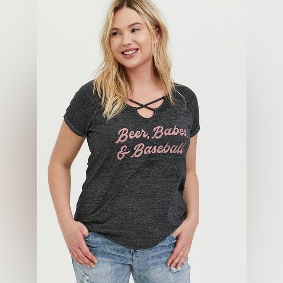 torrid Tops - Torrid “Beer Babes & Baseball” Charcoal Grey Burnout Crisscross Tee Sz 2X
